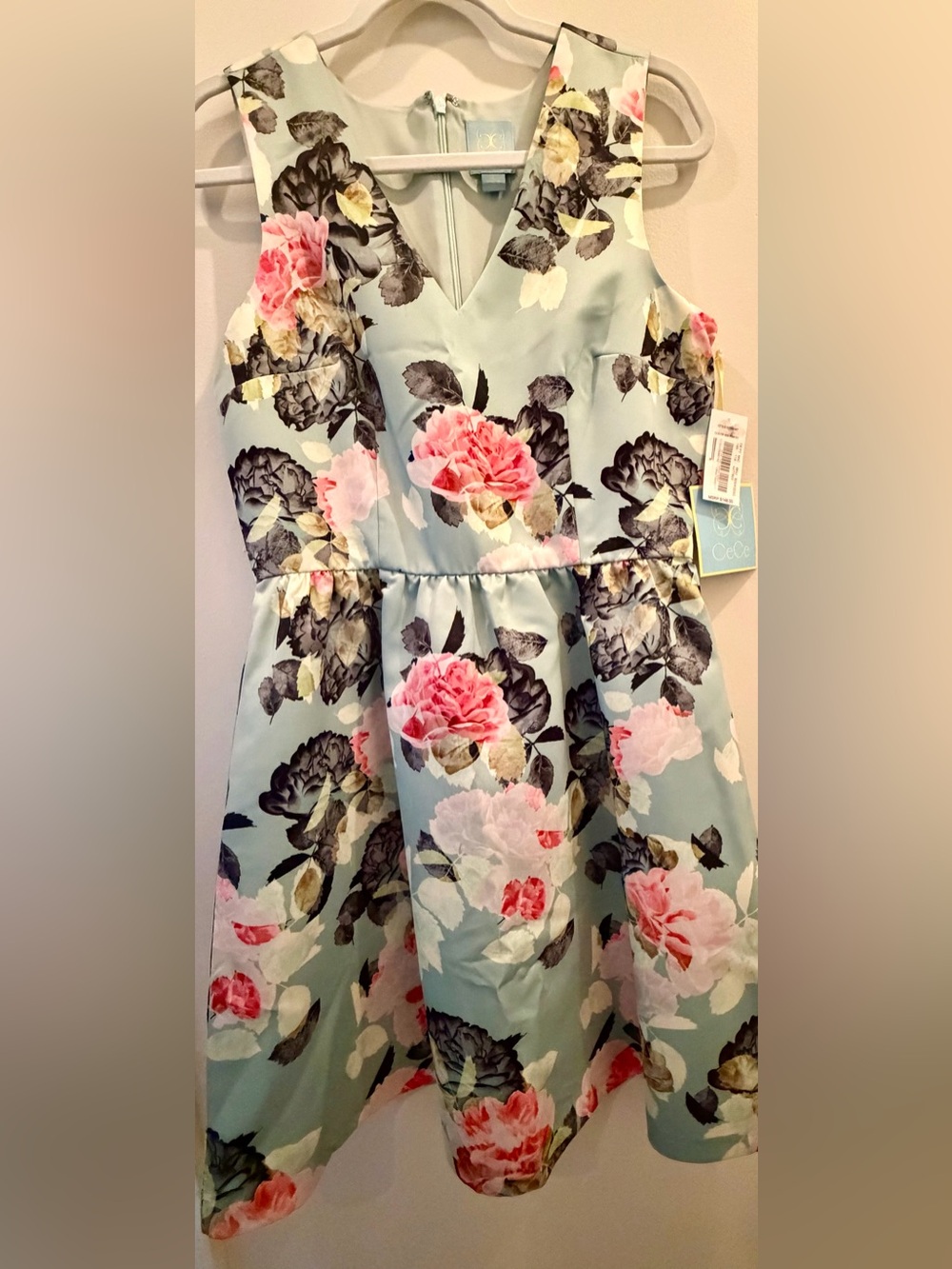 Floral V-Neck Mint Girls Dress with Pink Roses